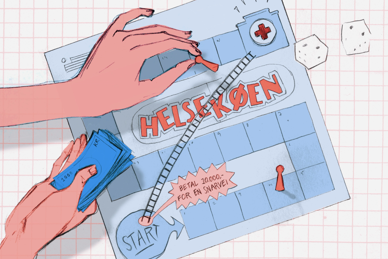 Illustrasjon av et brettspill som heter Helsekøen, der noen kjøper seg plass lenger fram i køen.