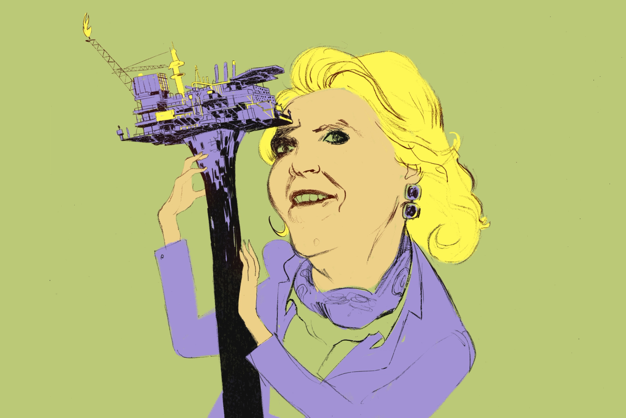 En tegning av Sylvi Listhaug og en oljeplattform.