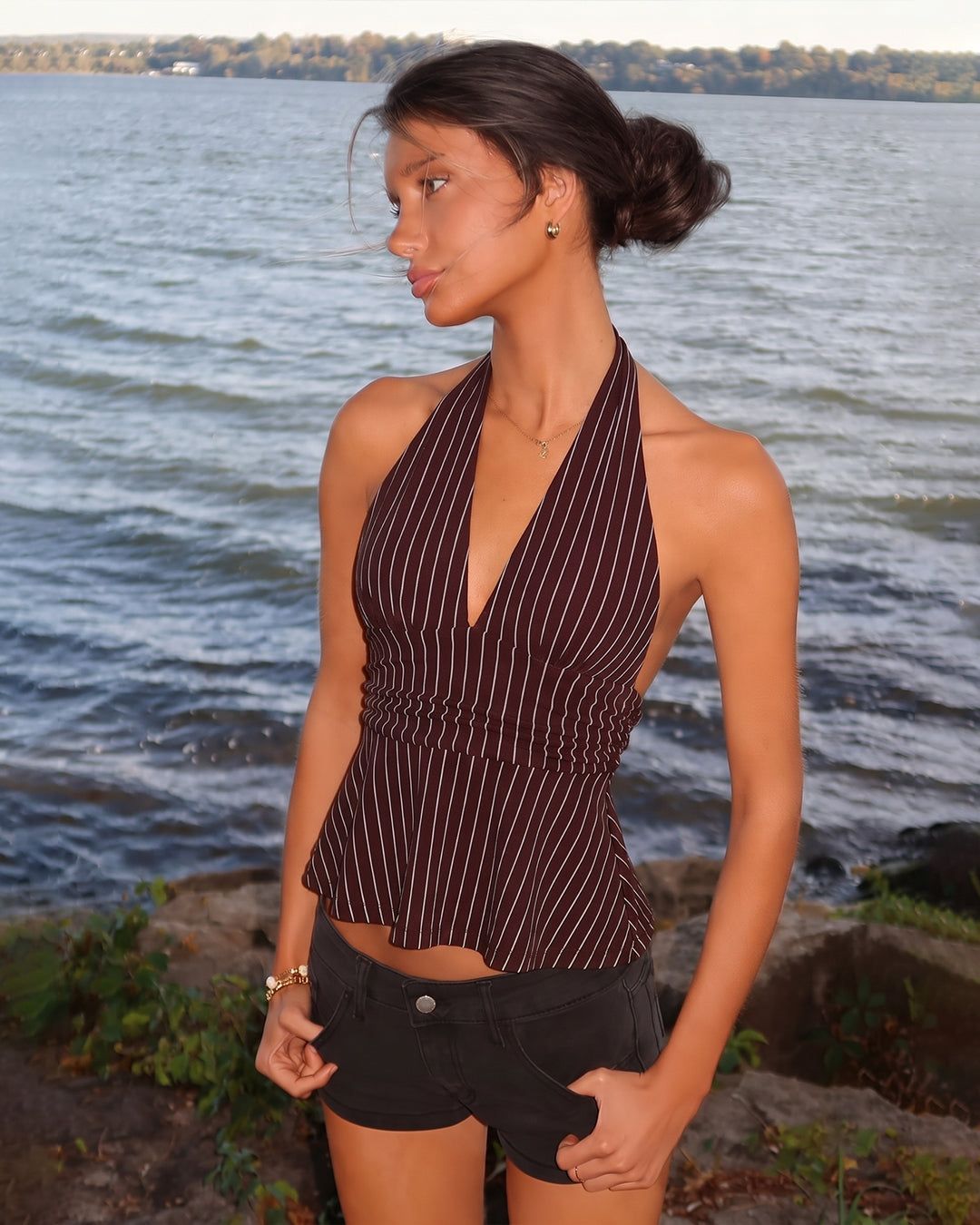 Pinstripe Halter Neck Ruched Corset Top in Wine Maroon — view 1 of 3