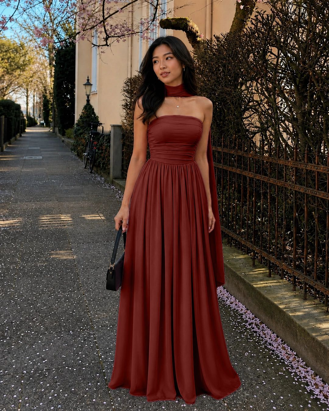 Strapless Flared Maxi Dress in Merlot — view 1 of 3