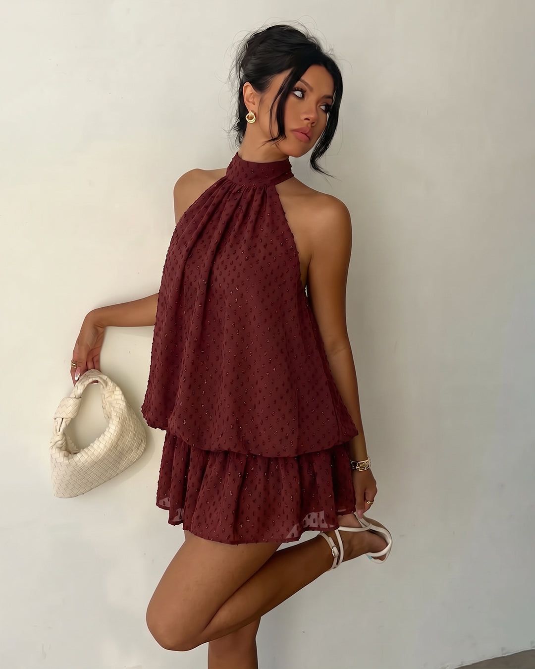 Halter Neck Tiered Romper Dress in Burgundy — view 1 of 3