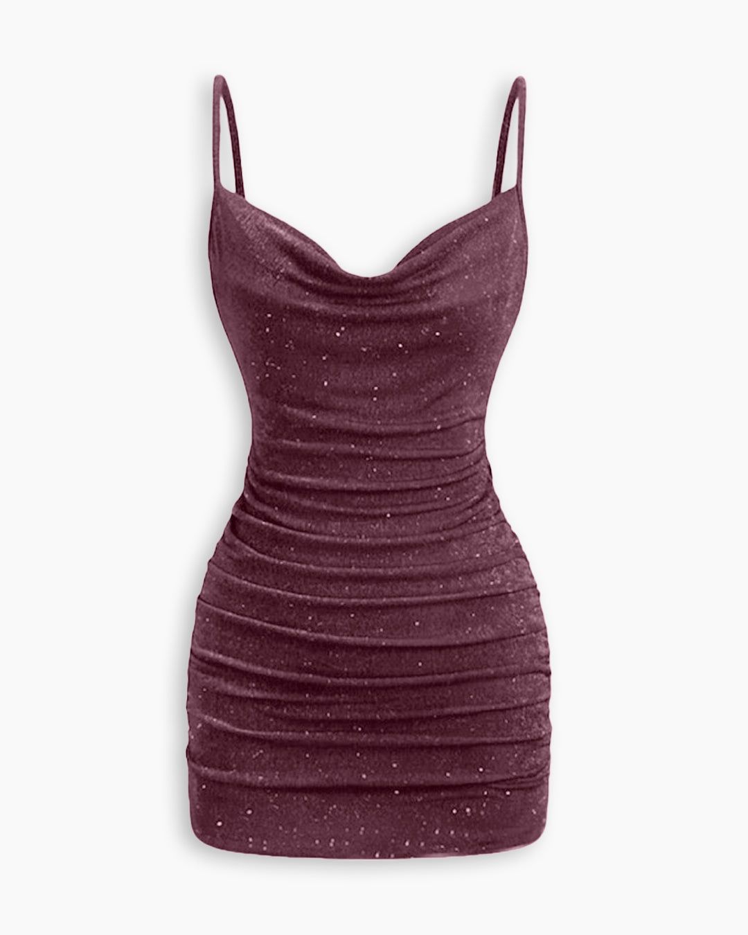Ruched Cowl Neck Glitter Mini Dress Description in Deep Maroon — view 1 of 4
