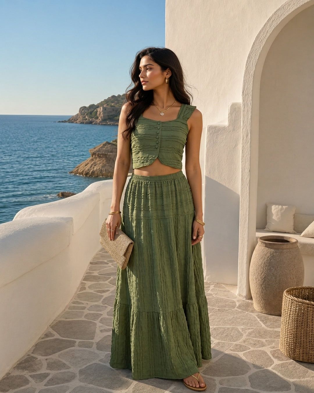 Square Neck Button Front Top & Tiered Maxi Skirt Co-ord Set in Olive Green — view 1 of 3