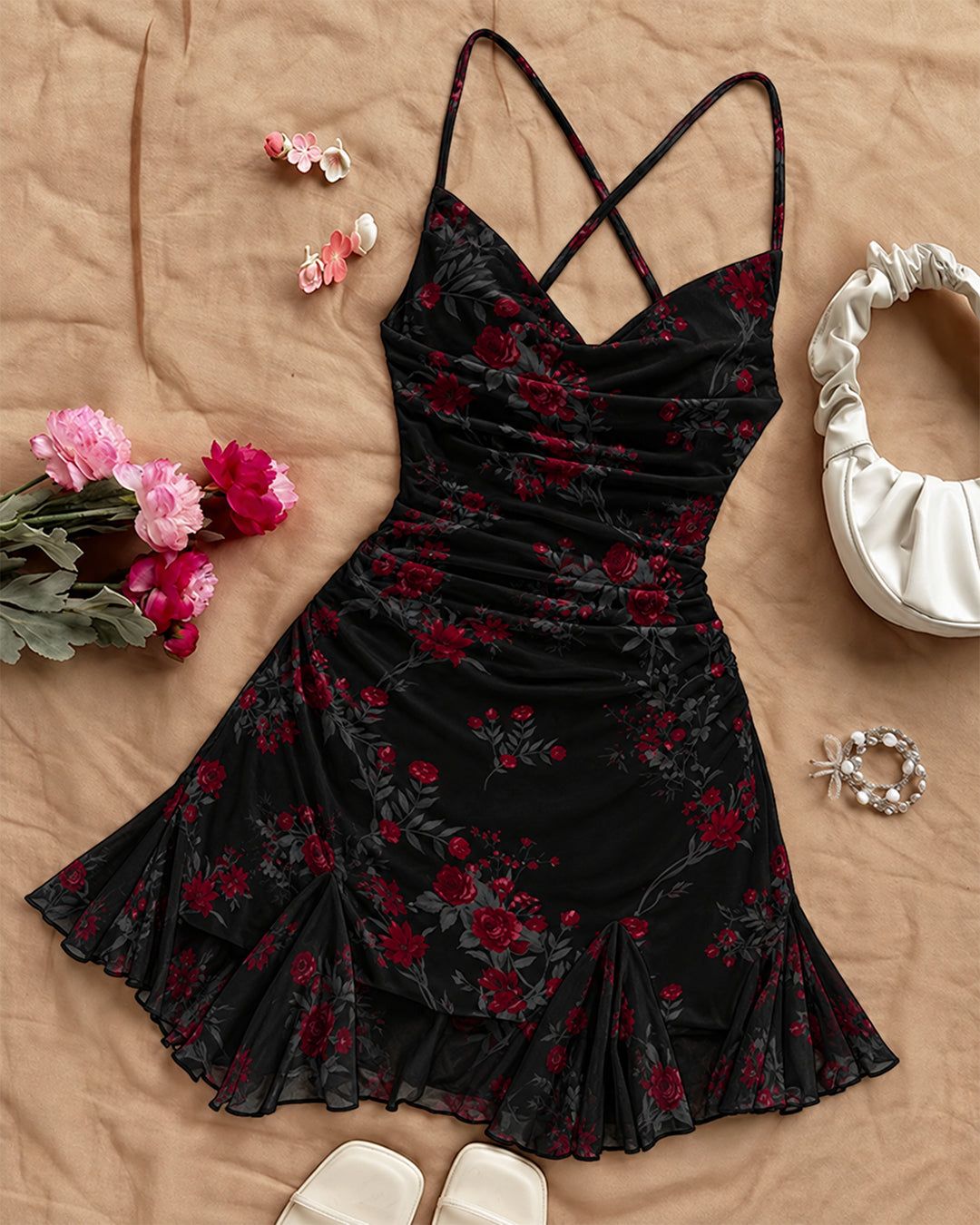 Floral Backless Flared Hem Mini Dress in Classic Black — view 1 of 3