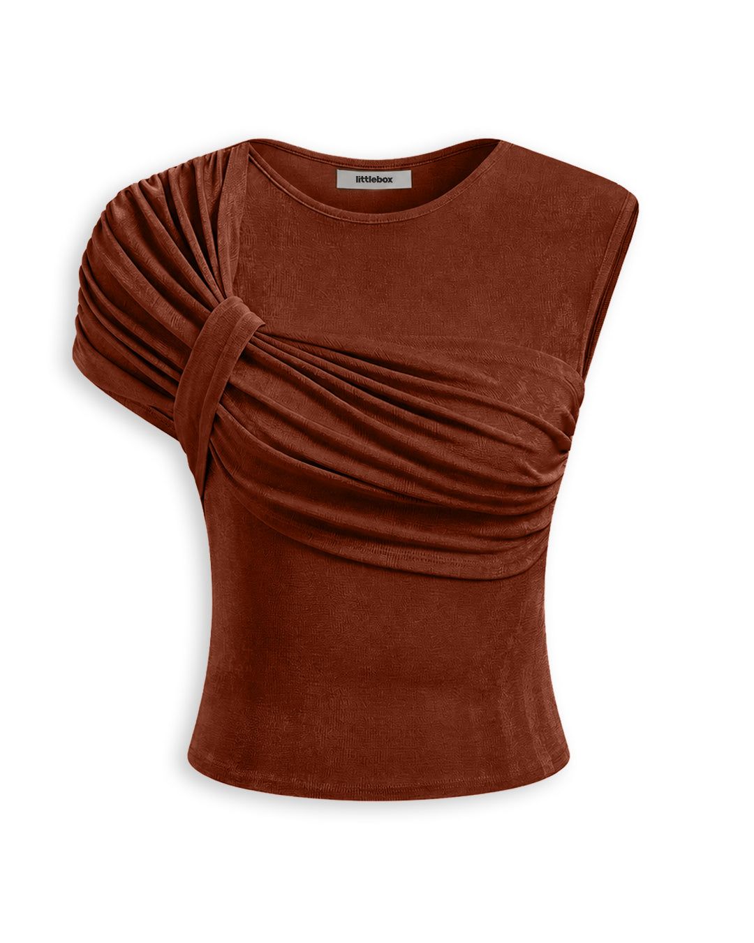 Mock Neck Ruched Cap Sleeve Top in Chocolate Brown — view 1 of 3