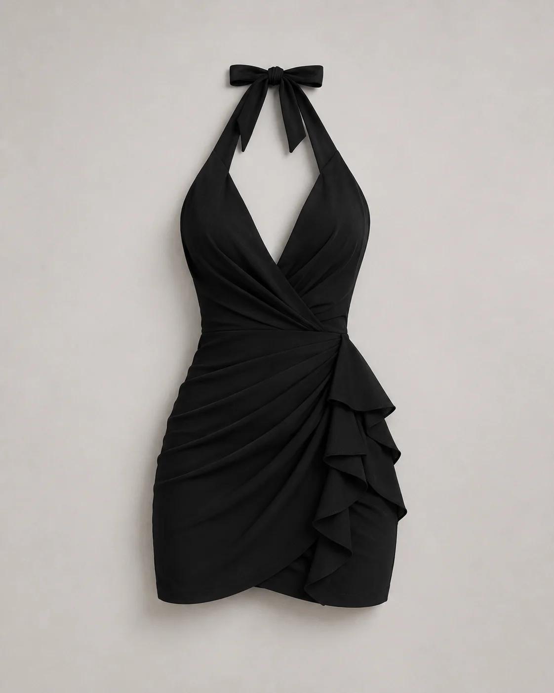 Black Ruched Halter Mini Dress