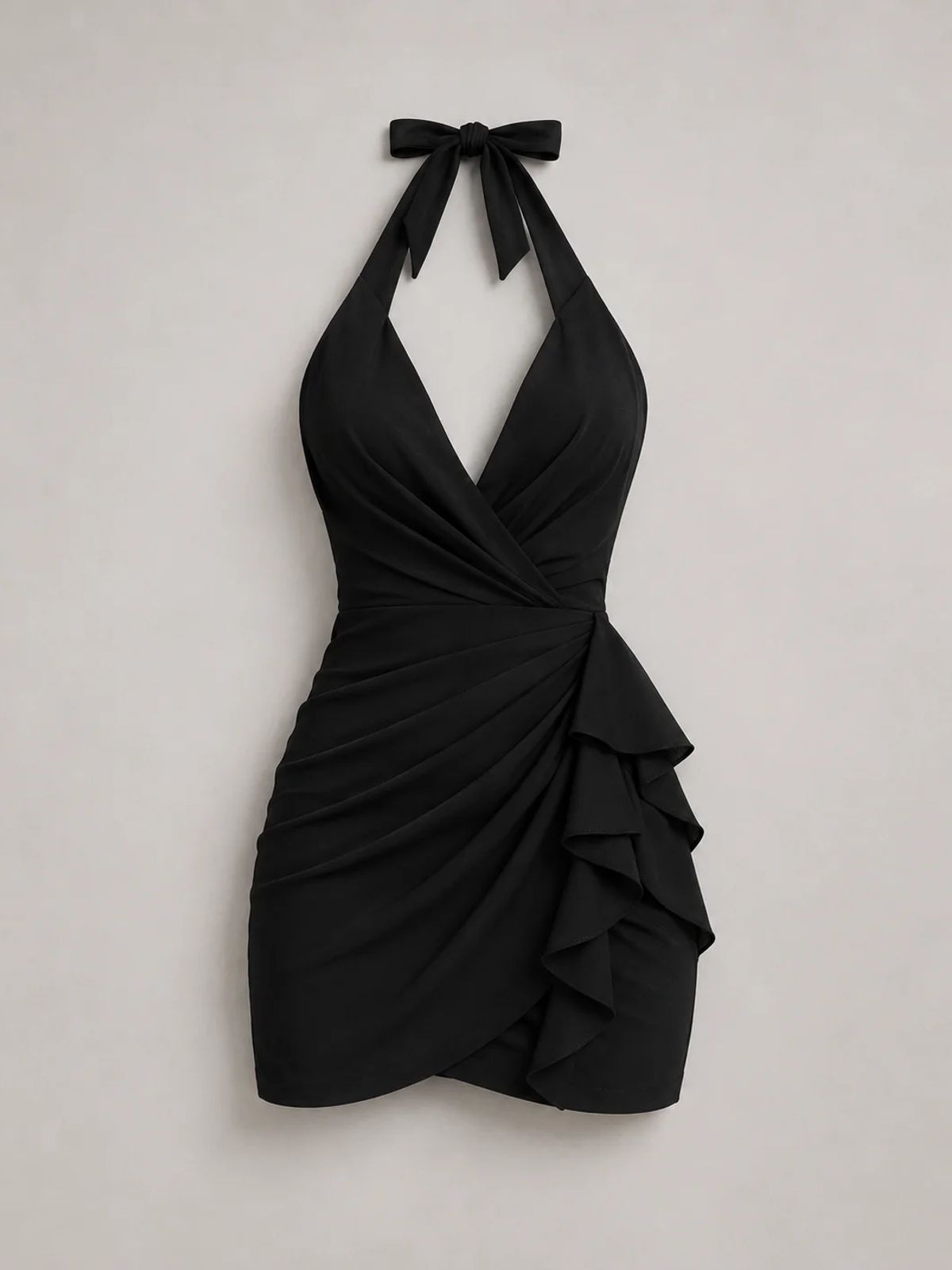 Black Ruched Halter Mini Dress