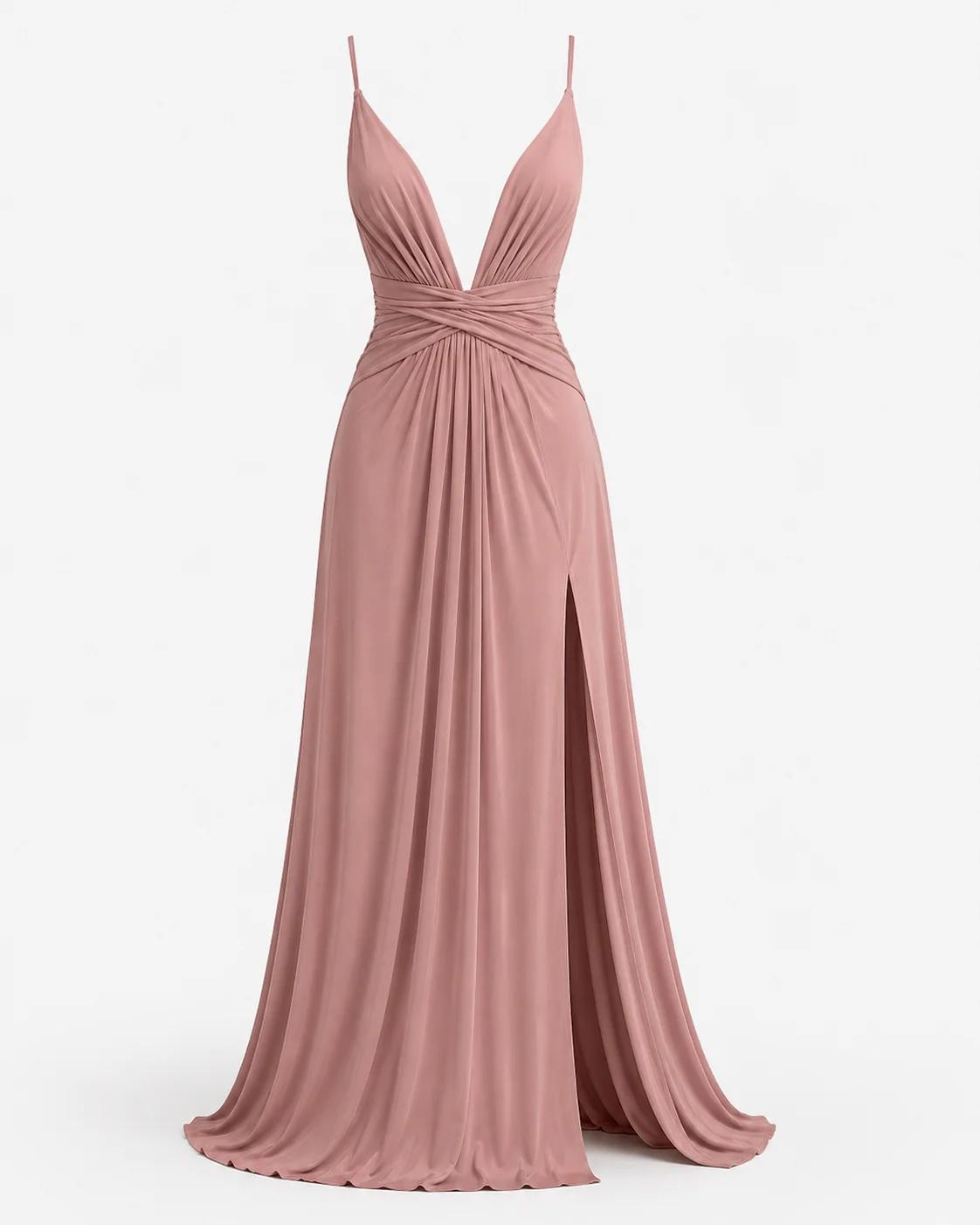 Ruched Low-V Maxi Dress