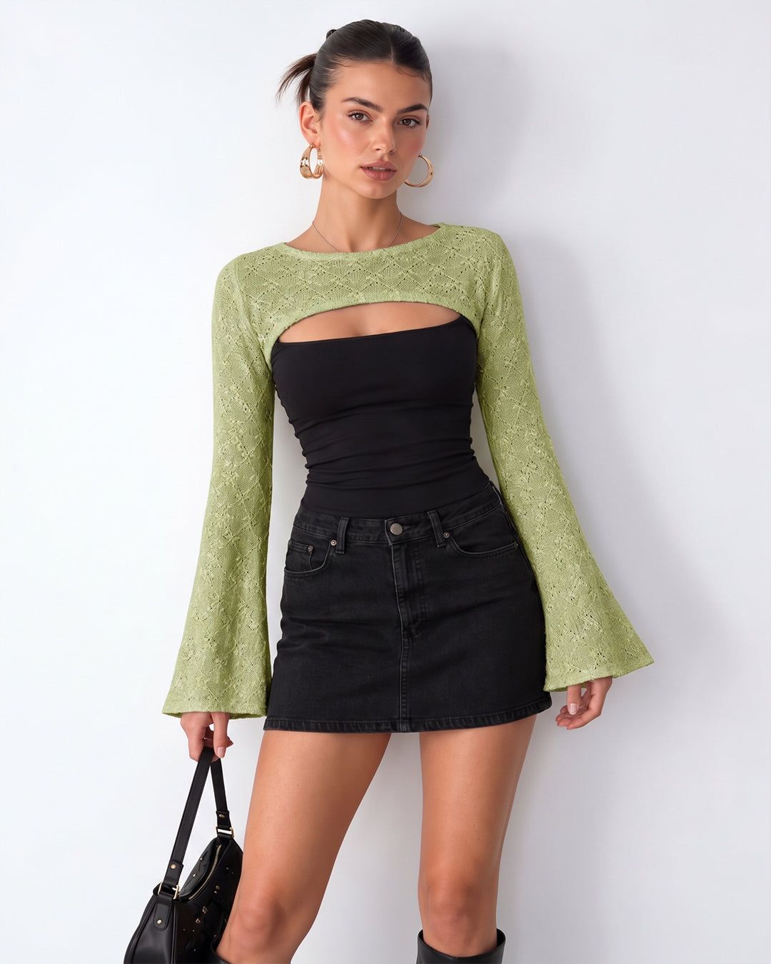 Crochet Cut Out Bell Sleeve Layered Top in Herbal Green — view 1 of 3