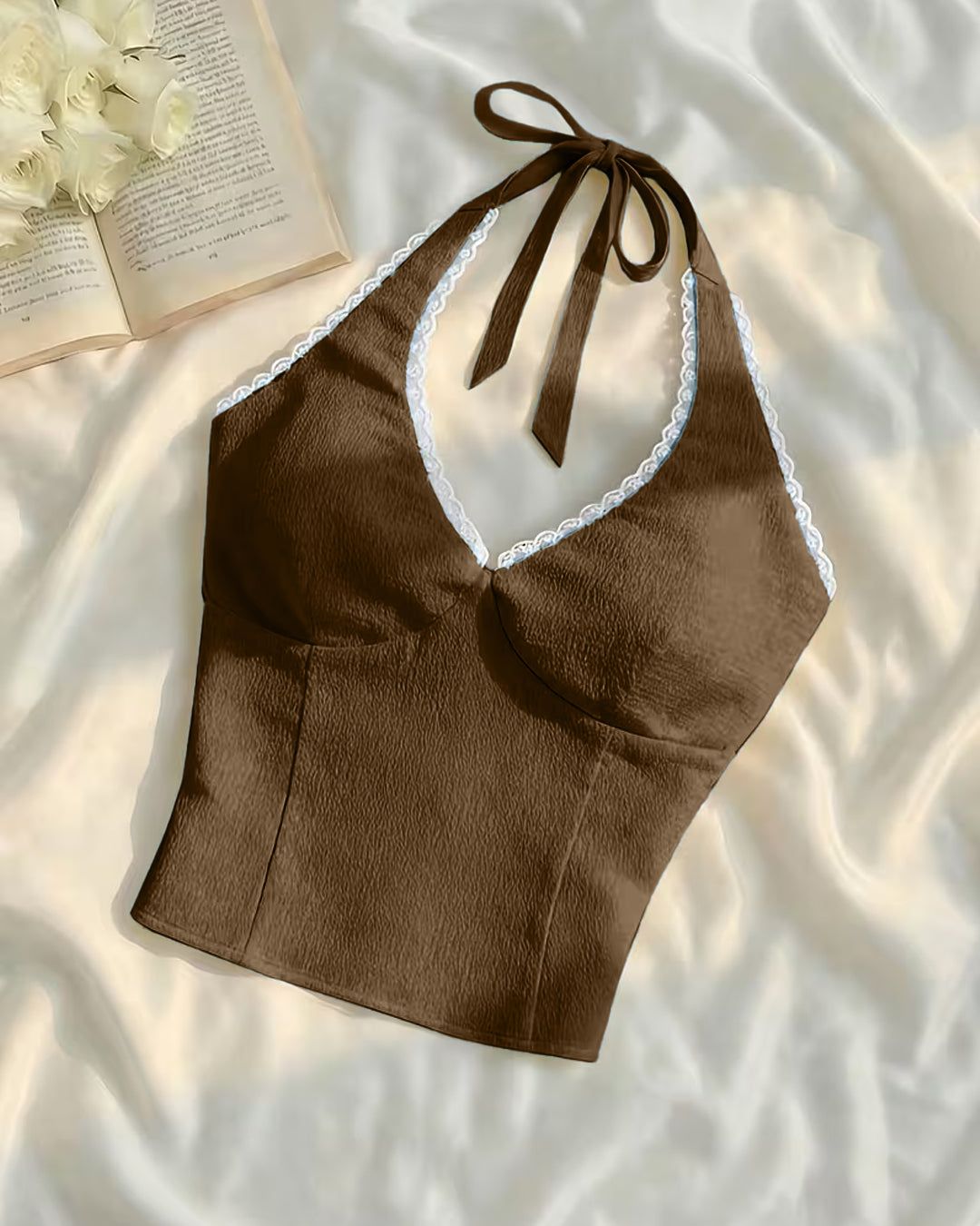 Lace Trim Halter Neck Tie Front Cami Top in Brown — view 1 of 4