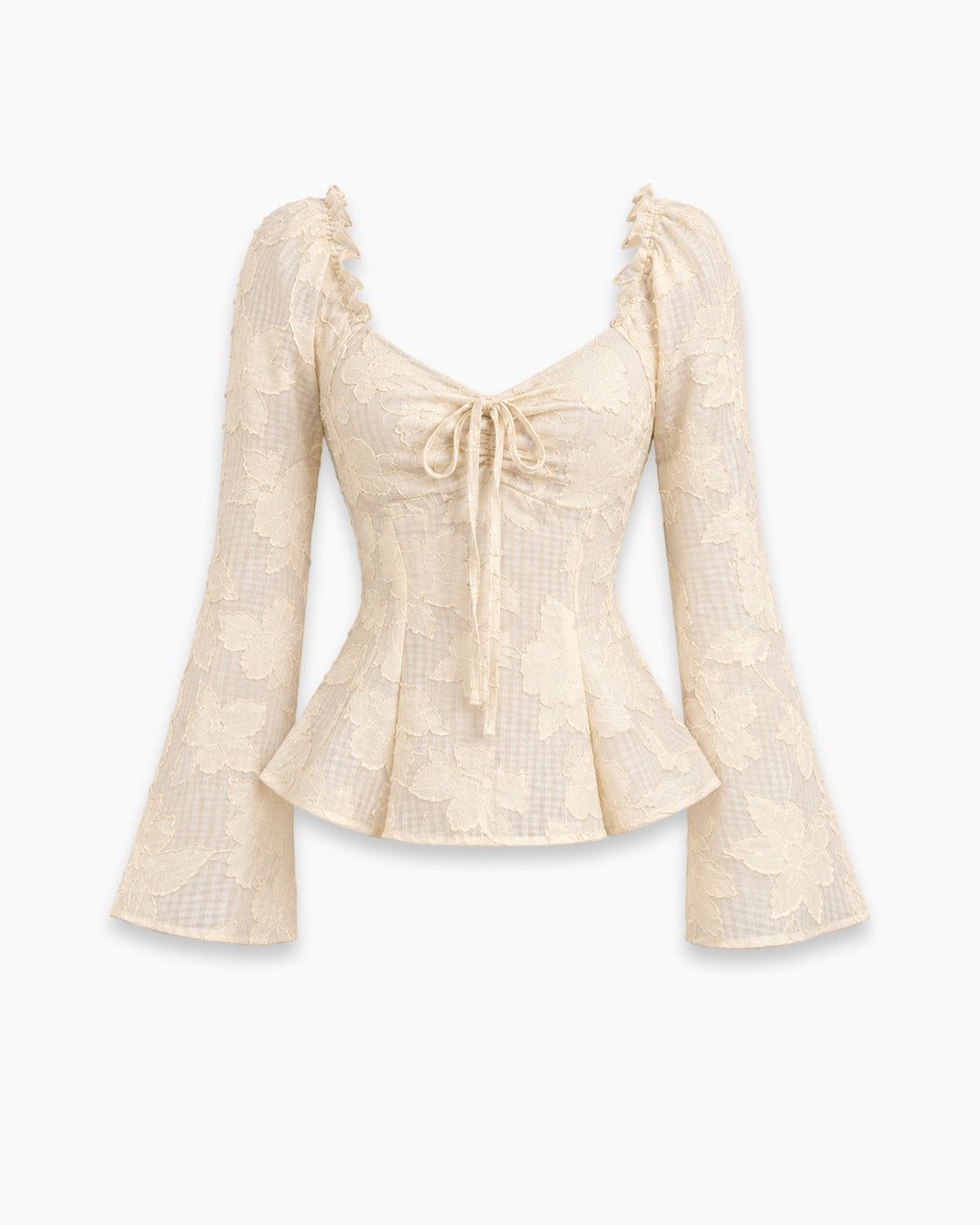 Ruched Tie Front Flared Sleeve Peplum Top in Cream — view 1 of 3