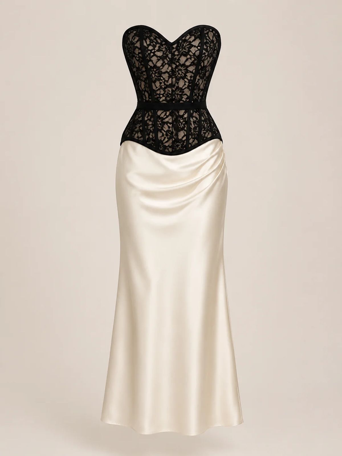 Black Lace Corset & Ivory Satin Midi Dress