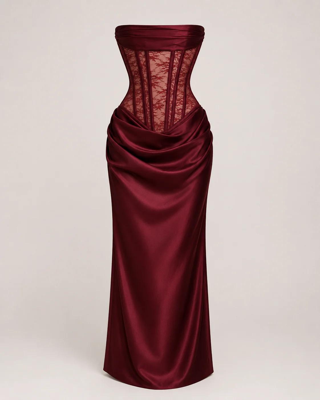 Burgundy Lace Corset Satin Maxi Dress