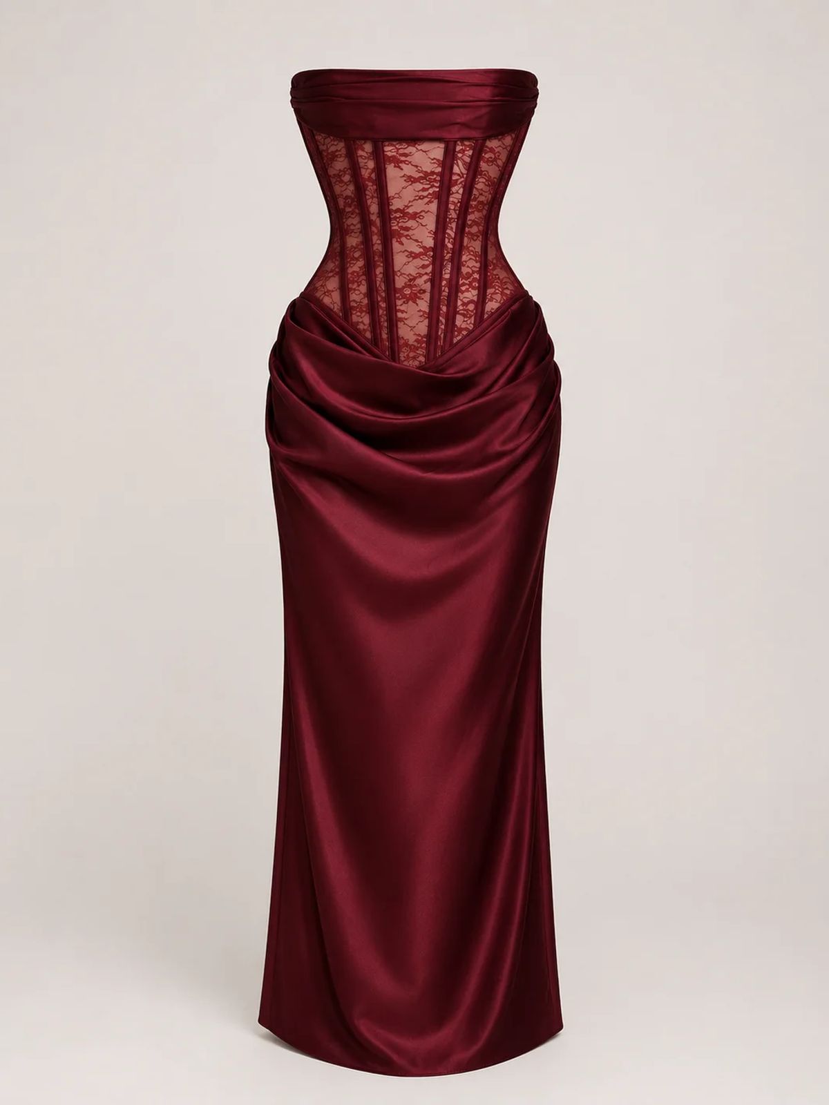 Burgundy Lace Corset Satin Maxi Dress