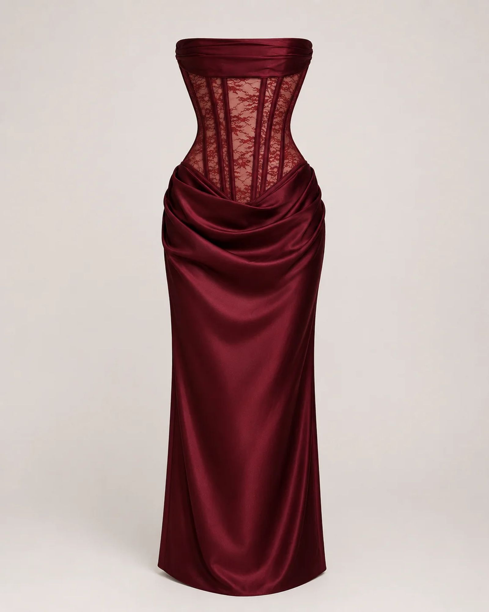 Burgundy Lace Corset Satin Maxi Dress — view 1 of 4