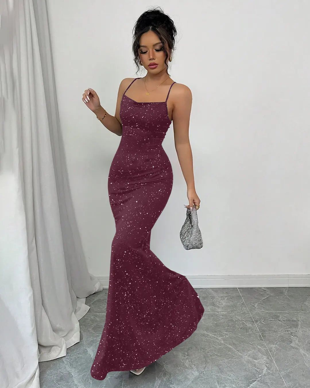 Square Neck Spaghetti Strap Mermaid Maxi Dress in Deep Maroon — view 1 of 3