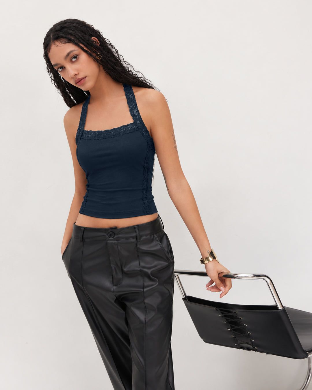 Lace Trim Ruched Halter Cami Top in Navy Blue — view 1 of 4