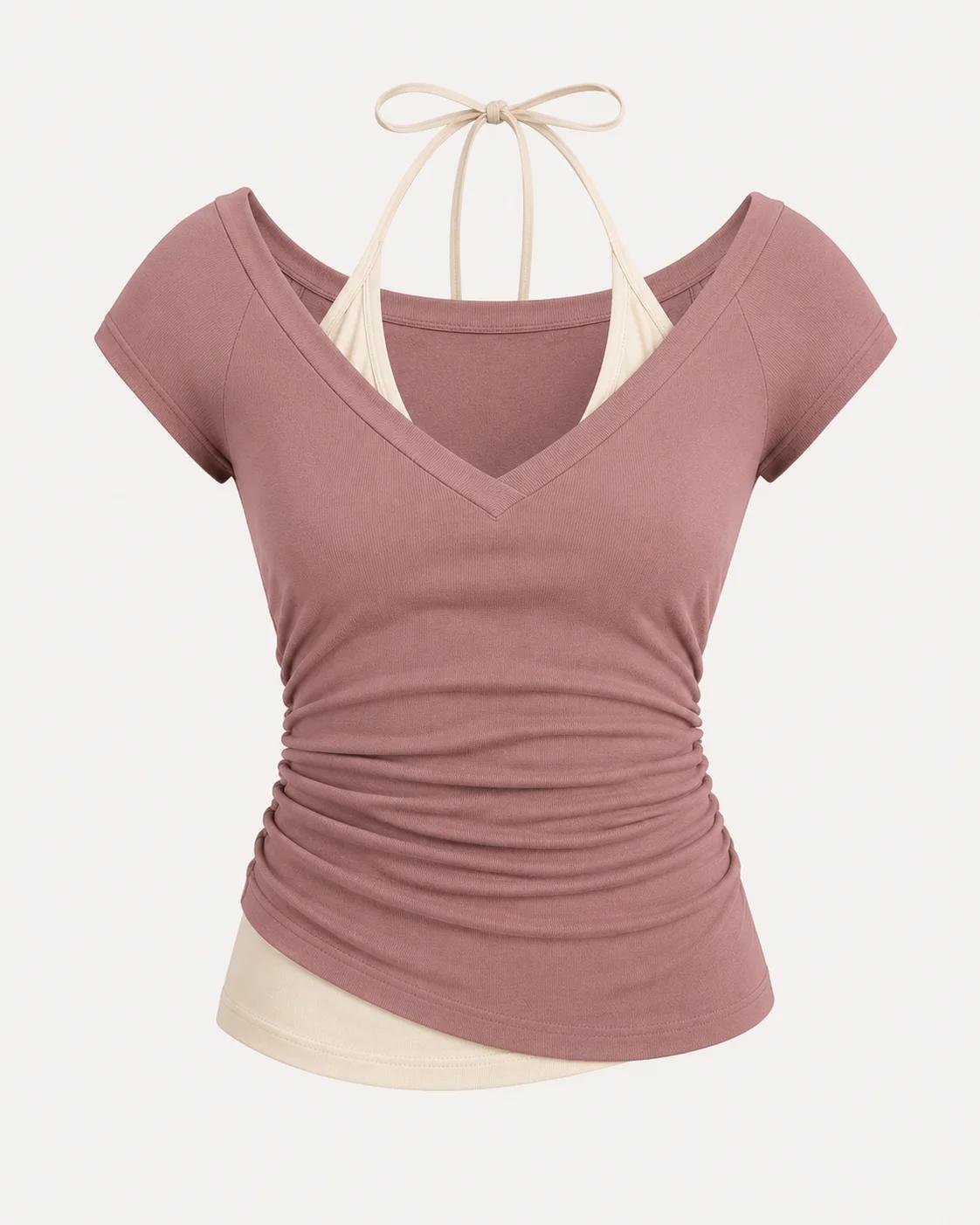 Layered Ruched V-Neck Tee