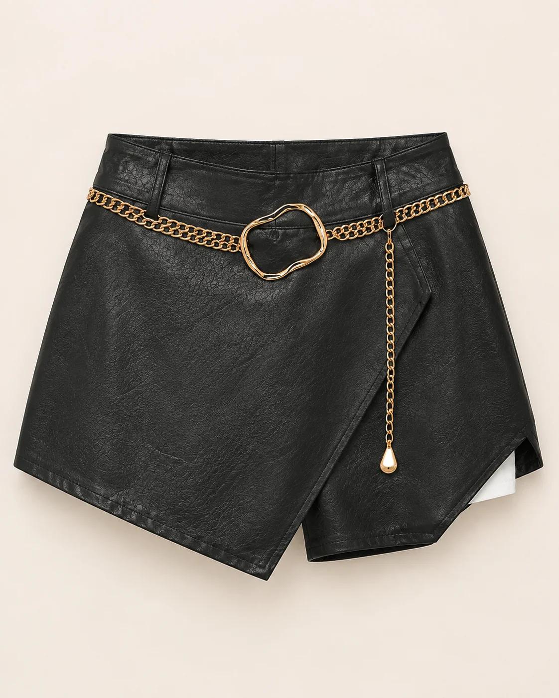 Noir Chain-Wrap Faux Leather Skorts