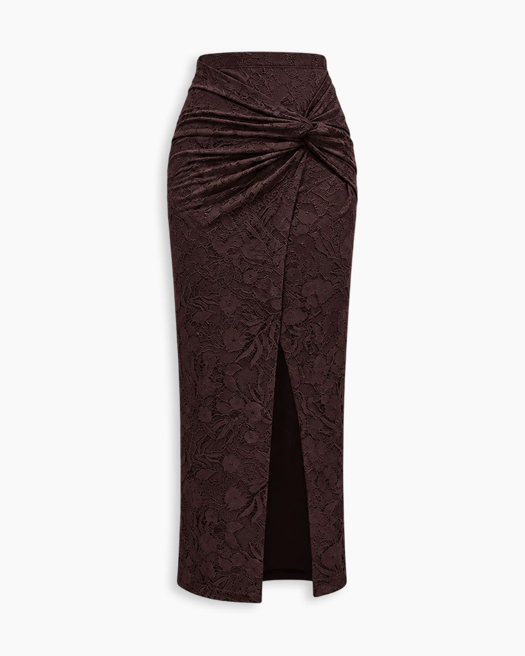 Ruched Side Slit Jacquard Midi Skirt in Cocoa Brown — view 1 of 3