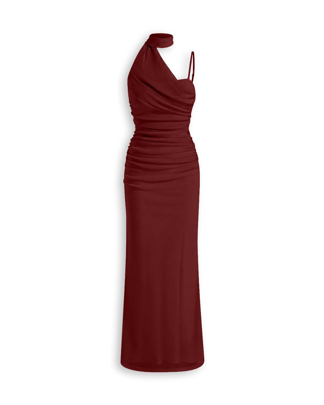 Asymmetric Neck Ruched Draped Maxi Dress in Crimson Red — view 1 of 4