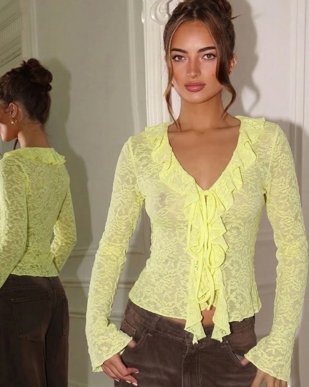 Full Sleeve Ruffle Trim Top In Lemon Yellow — view 1 of 3