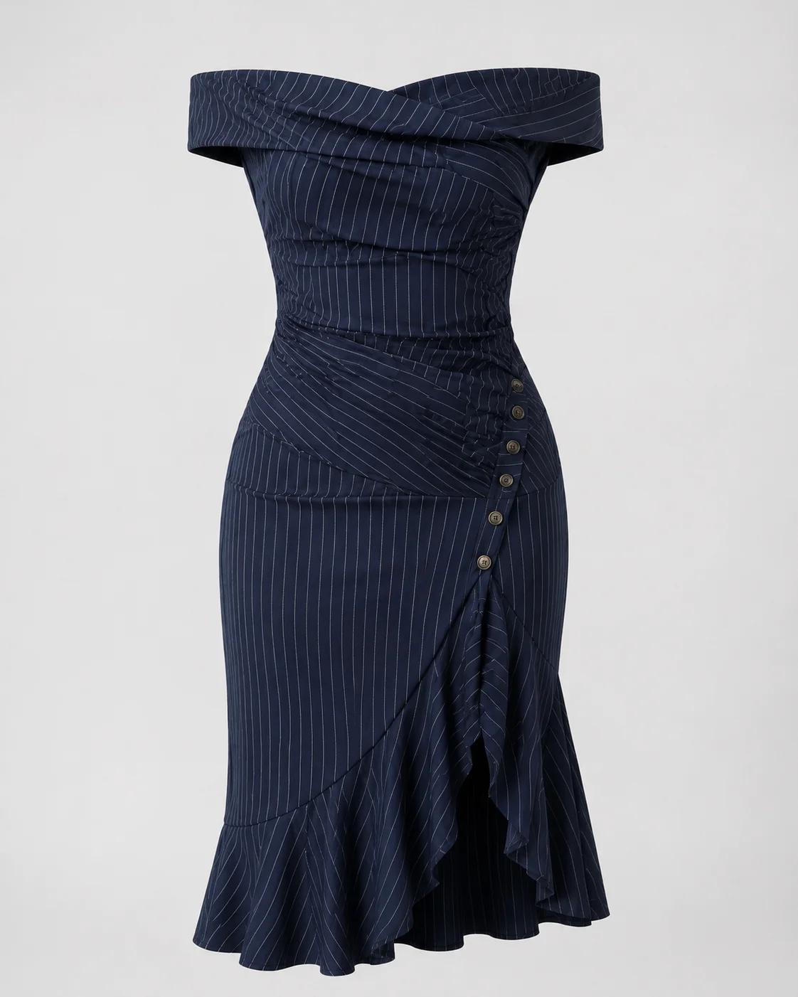 Boardroom Romance Pinstripe Off-Shoulder Midi Dress