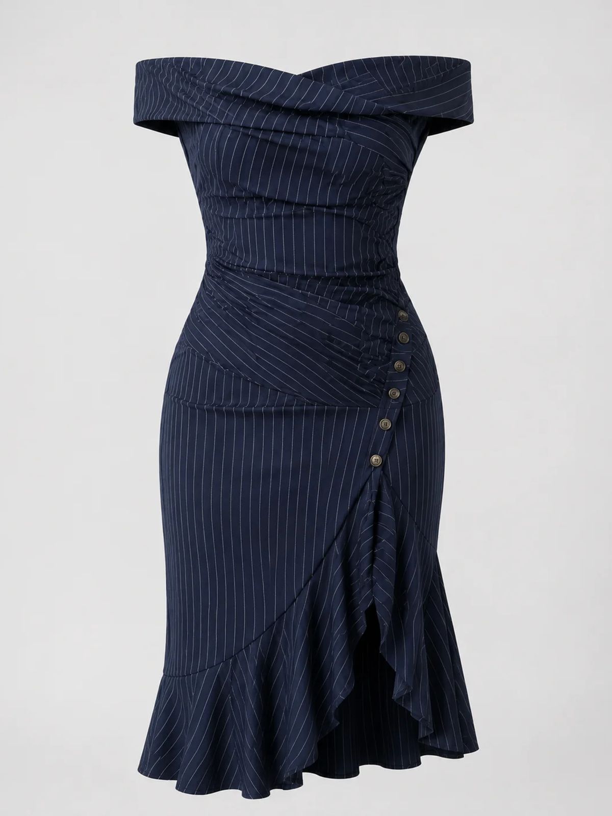 Boardroom Romance Pinstripe Off-Shoulder Midi Dress