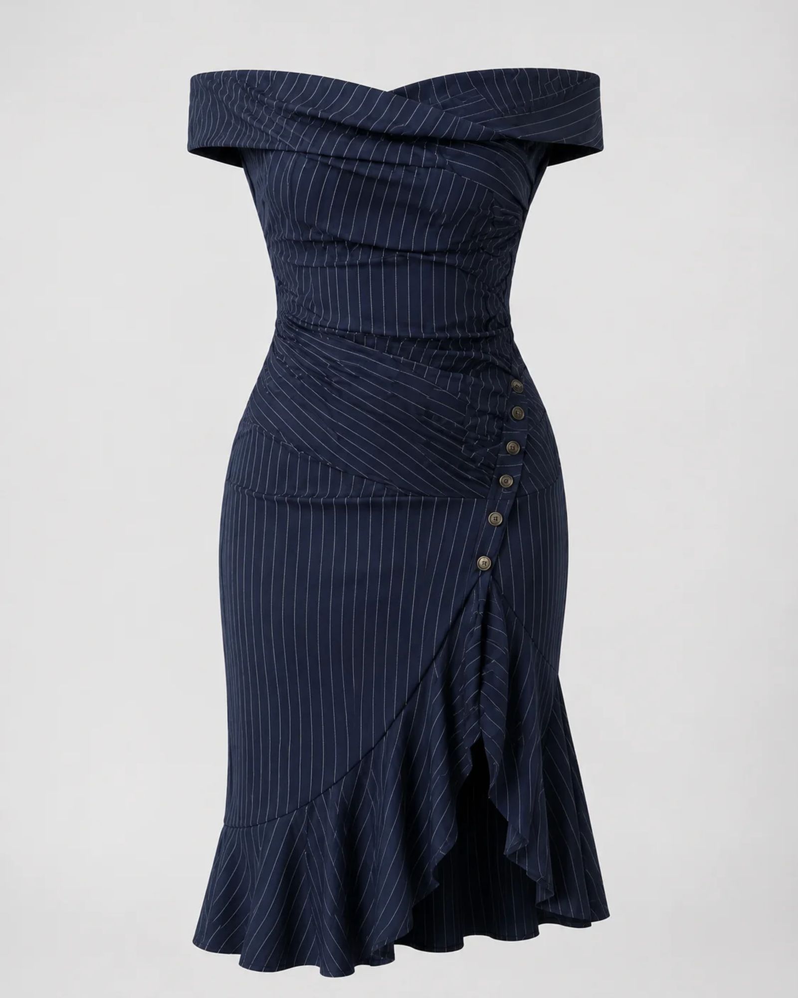 Boardroom Romance Pinstripe Off-Shoulder Midi Dress — view 1 of 4