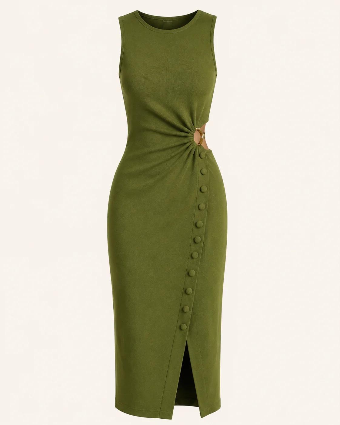 Olive Green Ruched Ring Detail Midi Dress