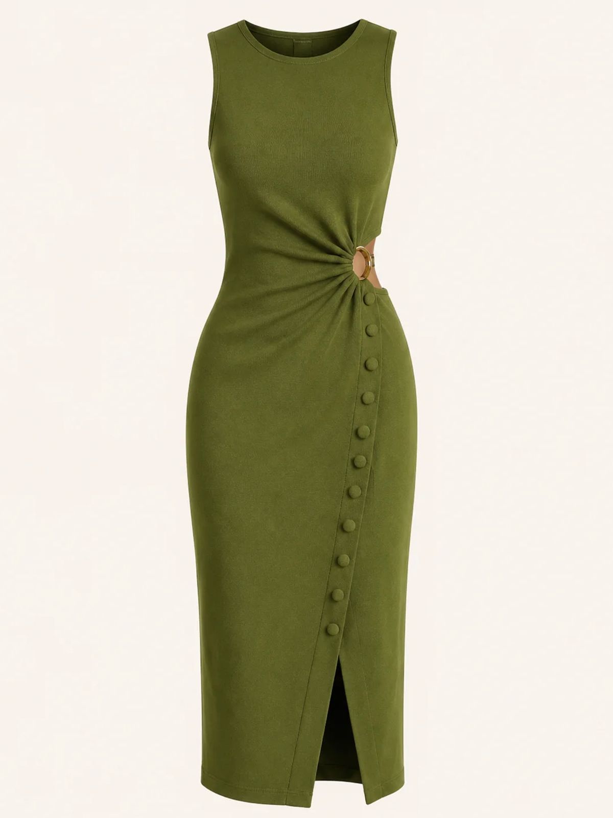Olive Green Ruched Ring Detail Midi Dress