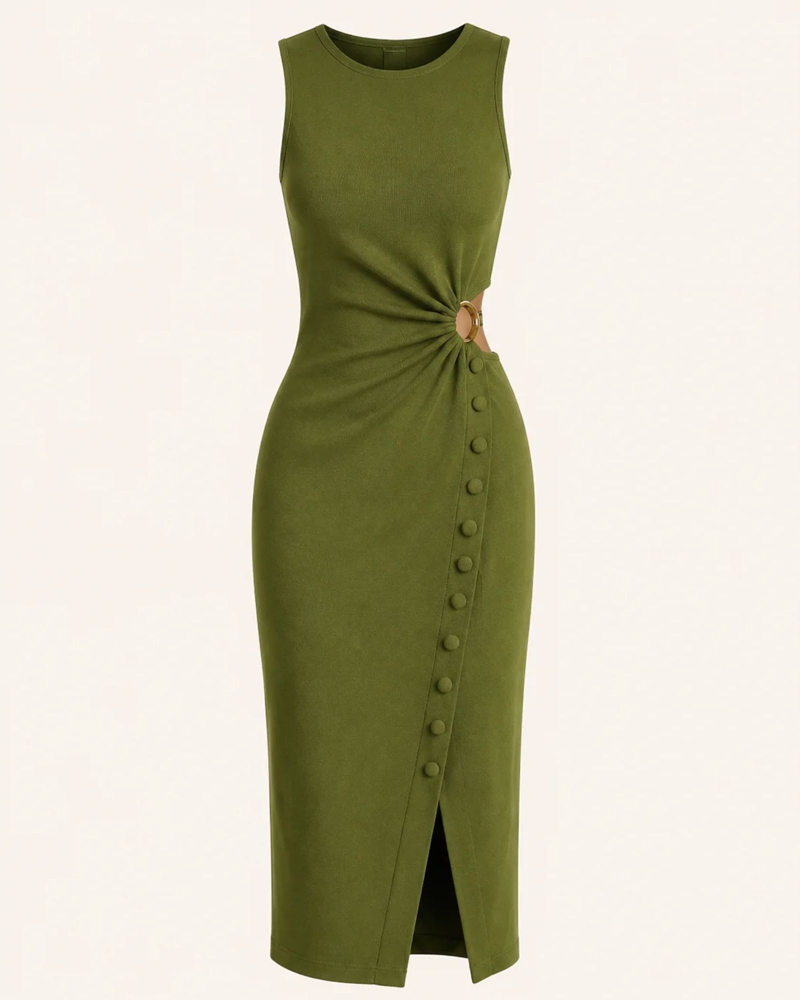 Olive Green Ruched Ring Detail Midi Dress — view 1 of 4