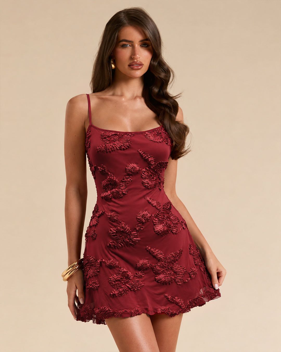 Floral Applique Spaghetti Strap Mini Dress in Merlot — view 1 of 3