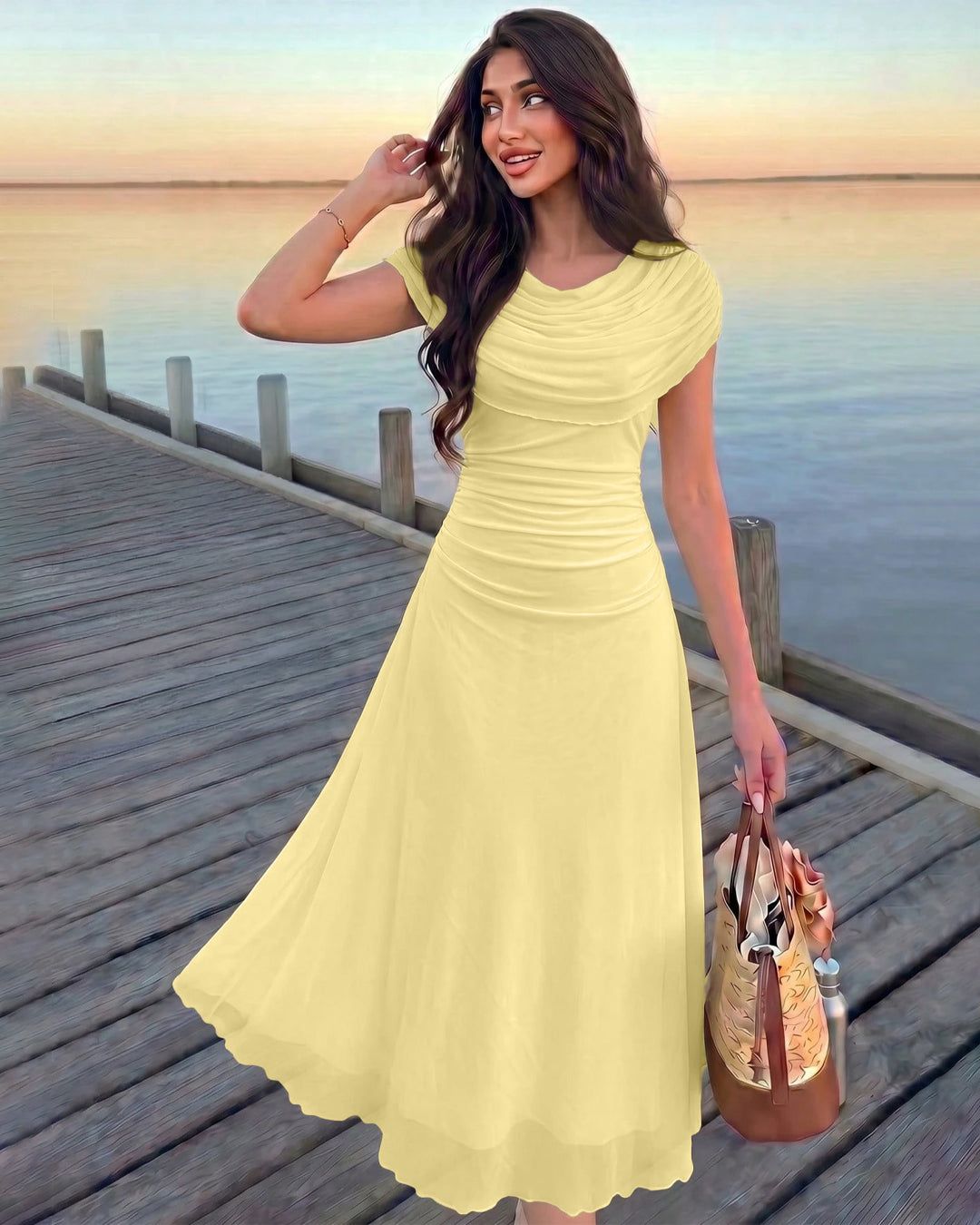 Ruched Short Sleeve Flared Maxi Dress in Pastel Yellow — view 1 of 3