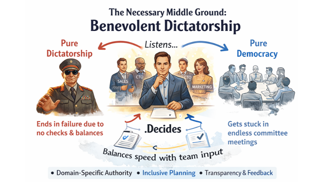 The necessity of a Benevolent Dictator for a startup's growth.