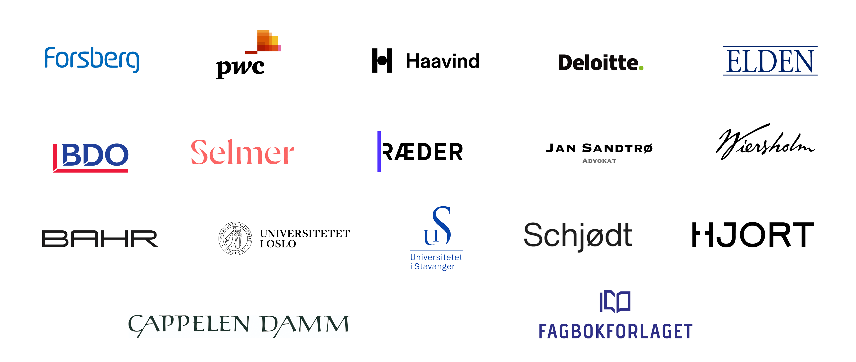 Logoer til samarbeidspartnere: Forsberg, Pwc, Haavind, Deloitte, Elden, Bdo, Selmer, Ræder, Jan Sandtrø, Wiersholm, Bahr, UiO, UiS, Schjødt, Hjort, Cappelen Damm, Fagbokforlaget