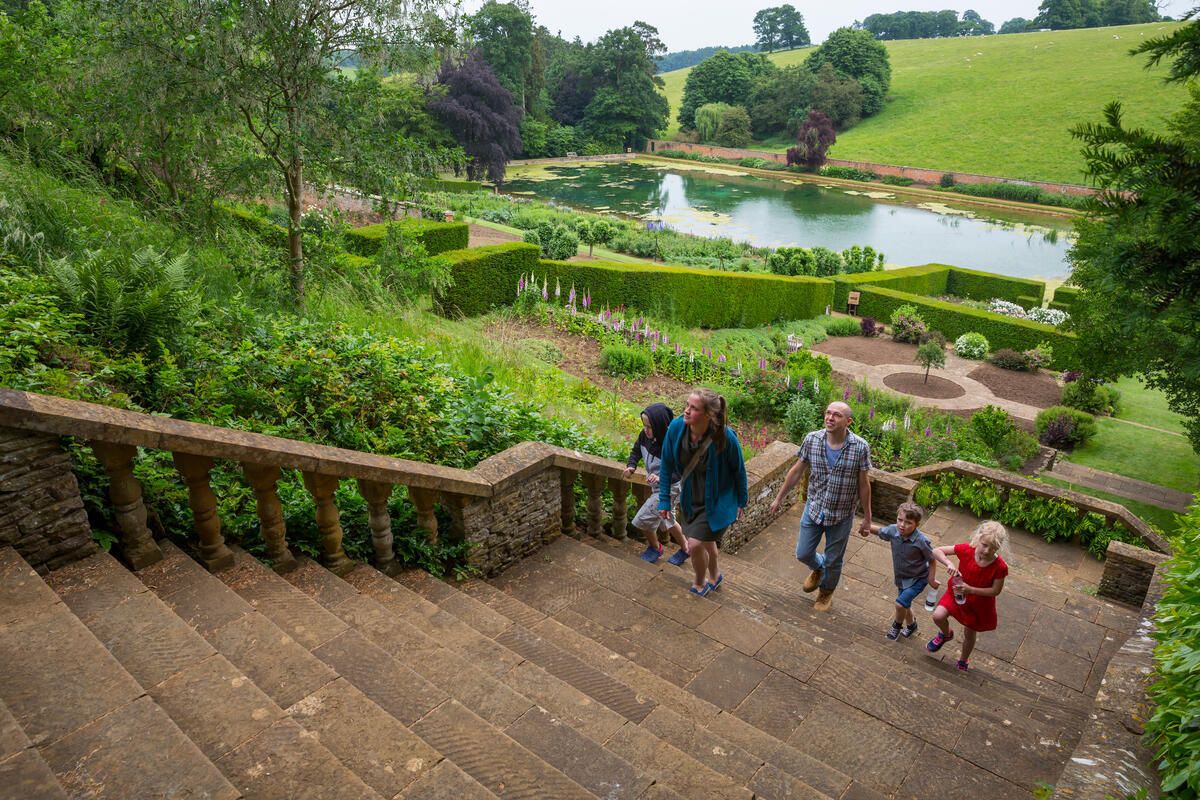 People climbing stairs at Upton House Gardens, Upton House