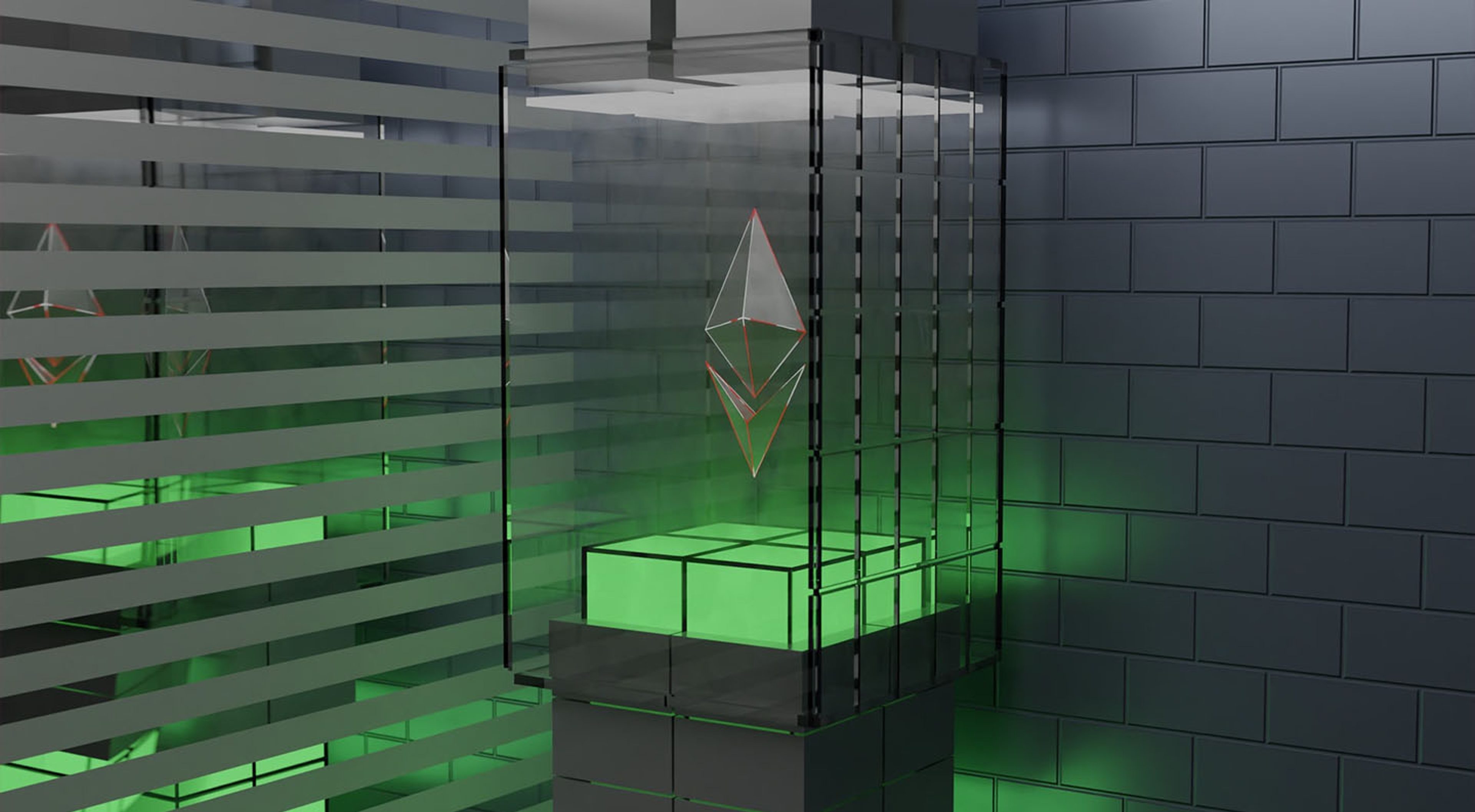 Ethereum logo in a glass box as though it’s in a museum