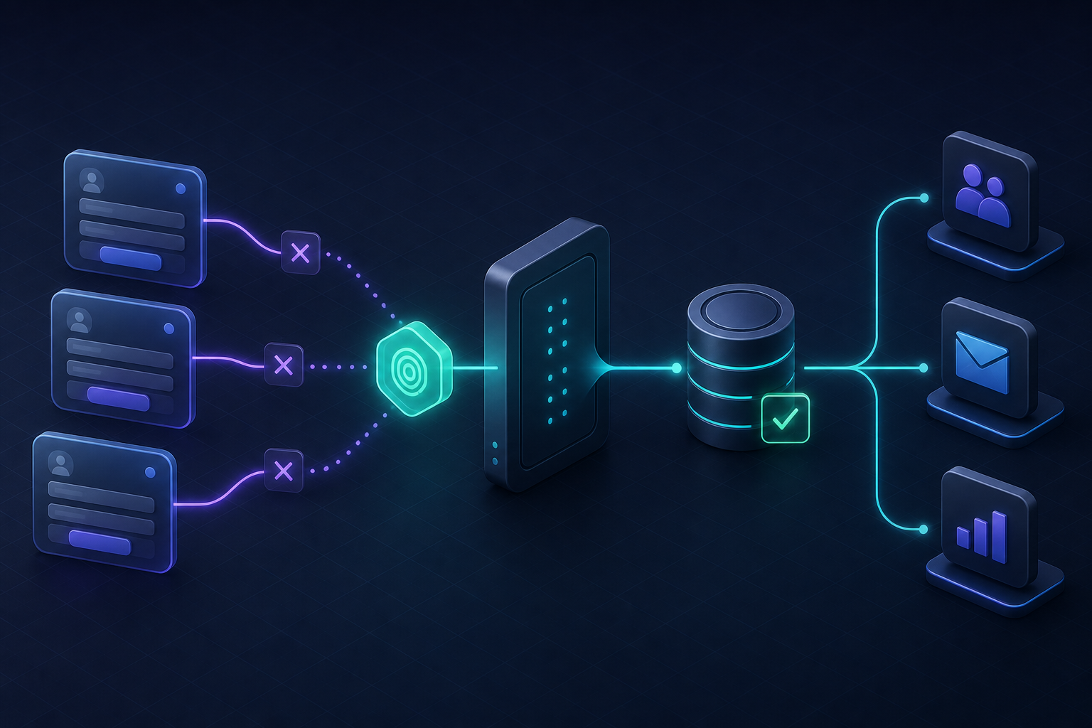 Several duplicate form submissions converging through an idempotency gateway into one database record and one set of downstream integrations