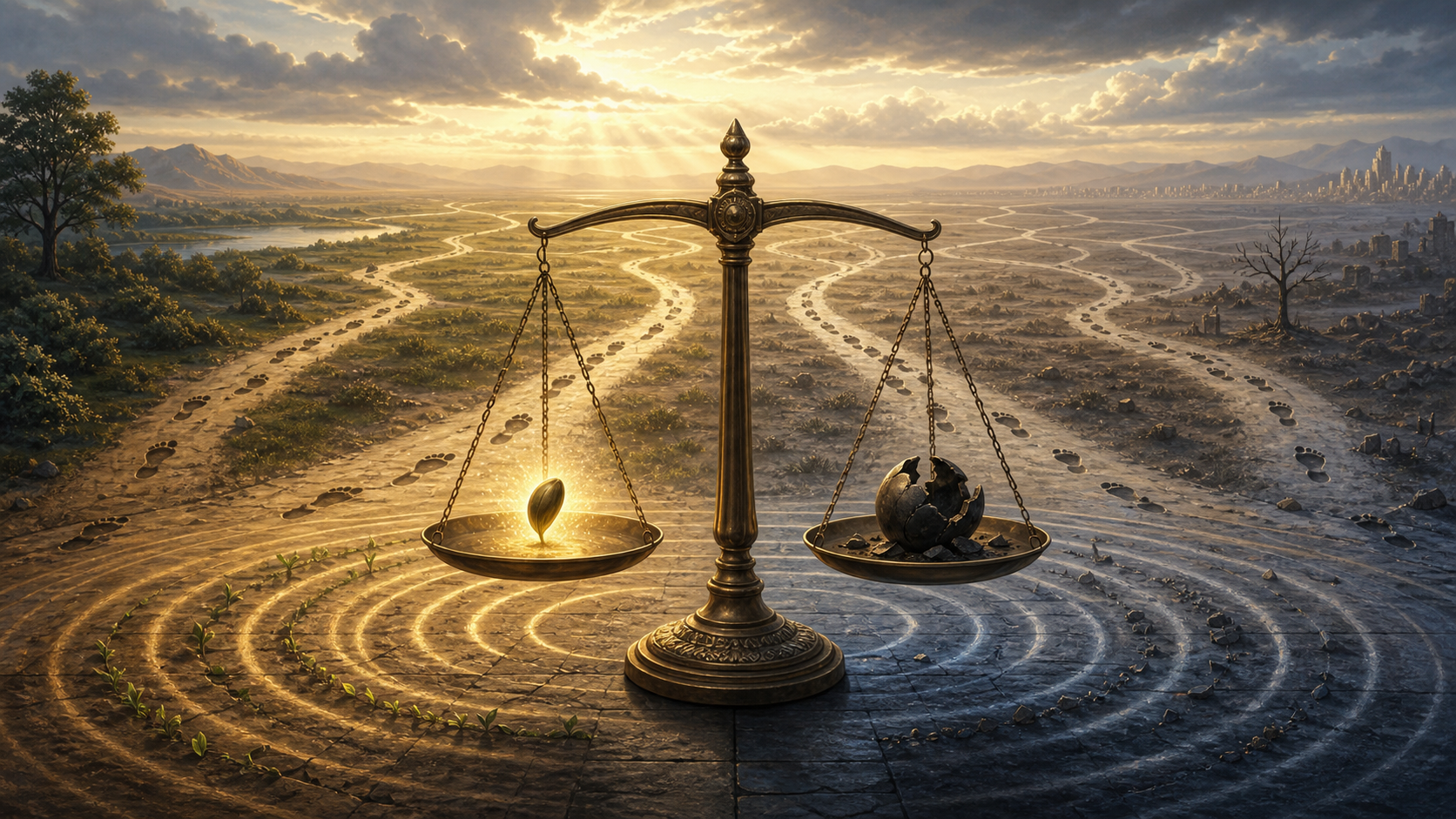 A balanced scale holding a growing seed and a broken dark object, surrounded by distinct human paths and consequences