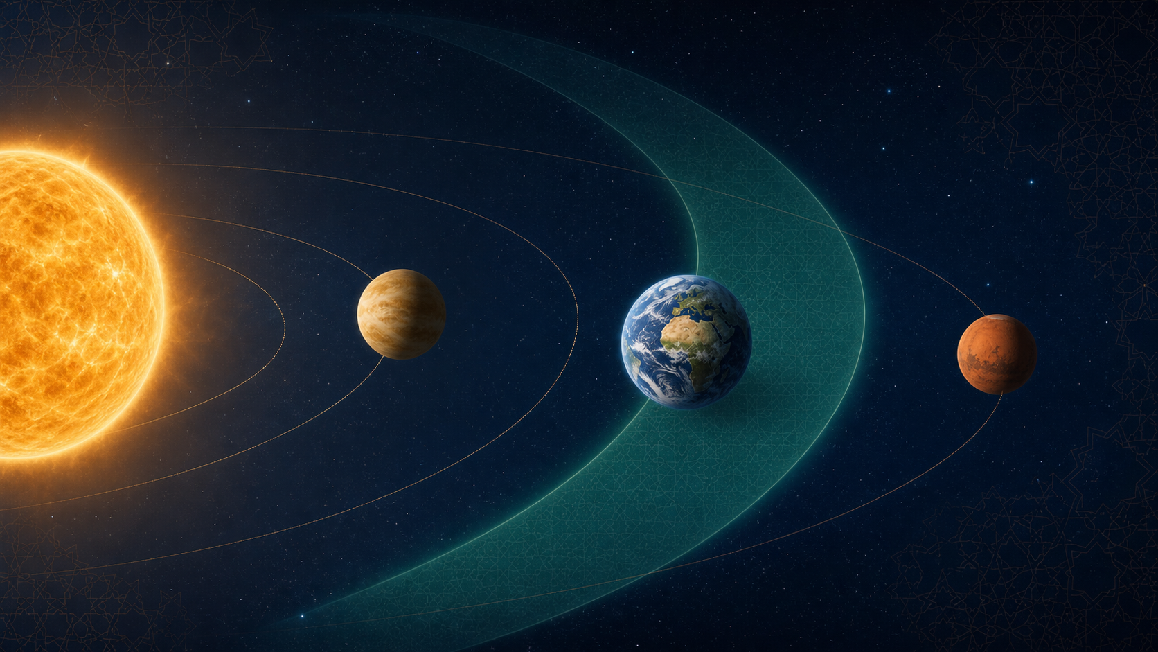 Illustration of Venus, Earth, and Mars orbiting the Sun, with Earth highlighted inside a green habitable-zone band