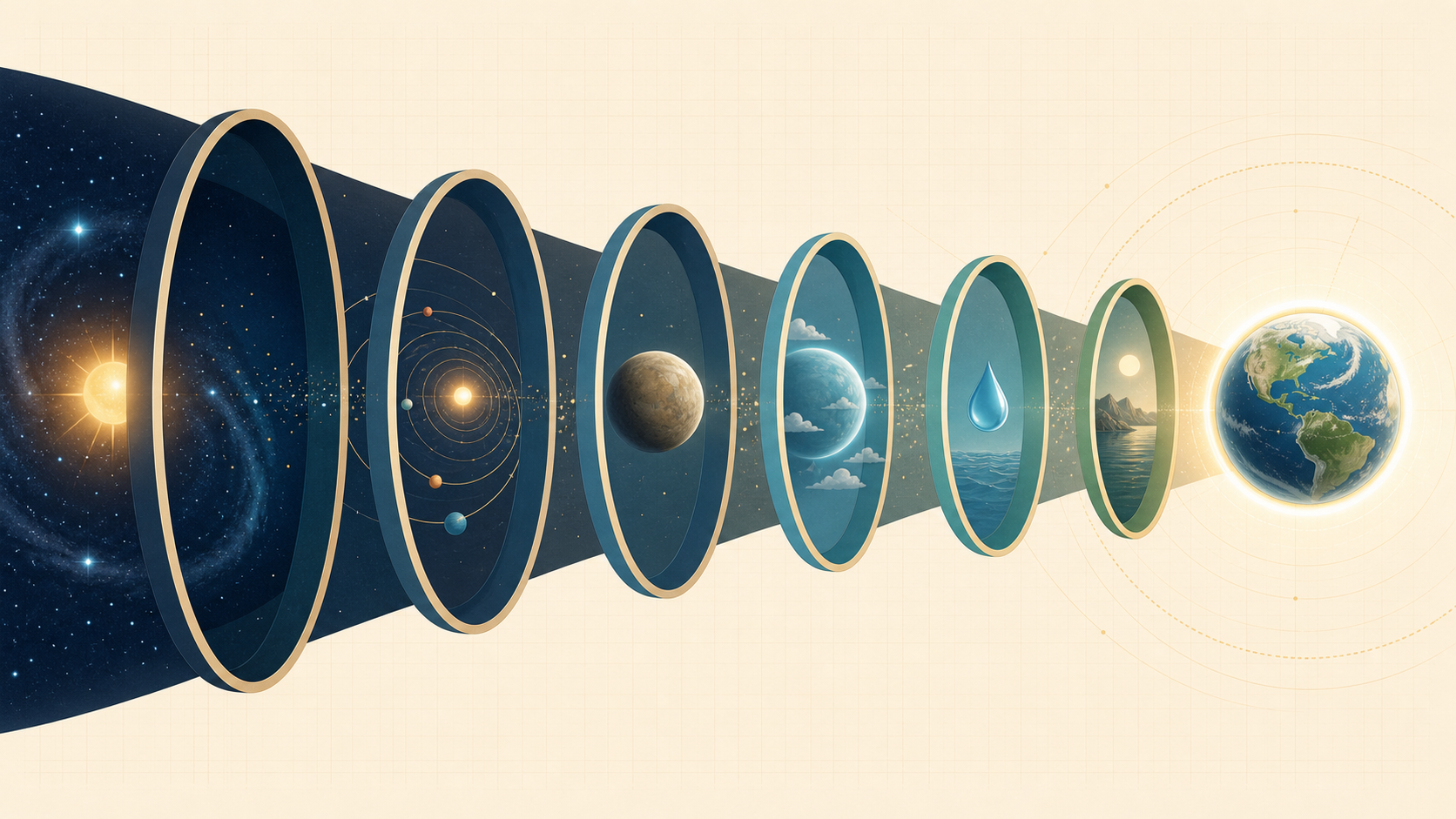 A sequence of narrowing circular filters representing a stable star, suitable orbit, rocky planet, atmosphere, water, and environmental stability before reaching Earth