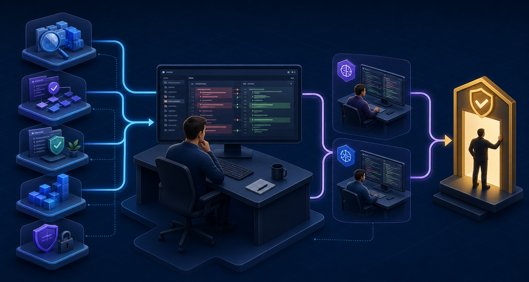 A software engineer supervising specialized codebase, planning, maintainability, scalability, and security agents before a multi-model pull request review