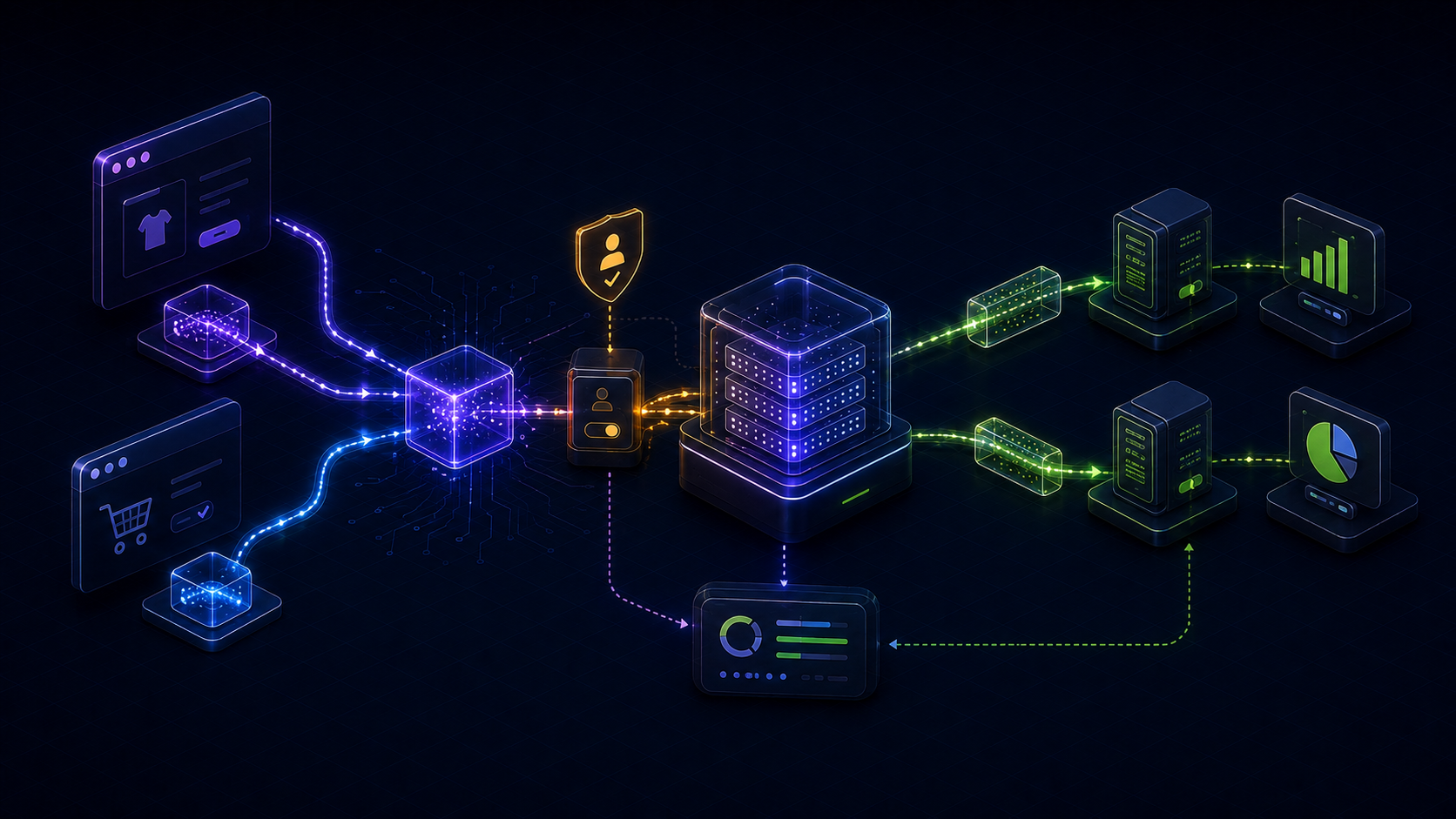 Browser and confirmed order events converging into a consent-aware conversion ledger before reliable delivery to two measurement platforms