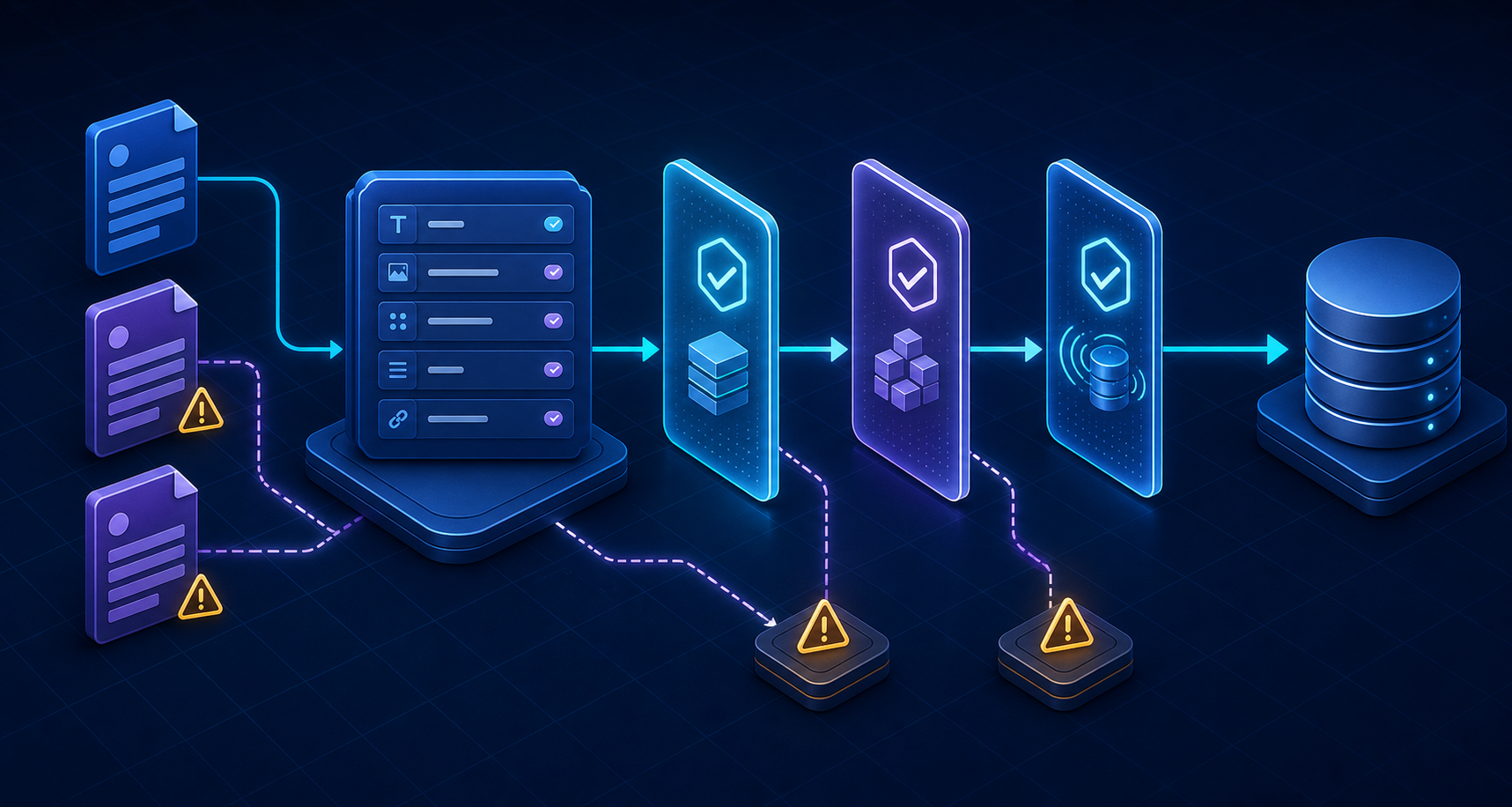 A structured content document moving through field, document, and dataset-wide validation gates while invalid duplicates are rejected