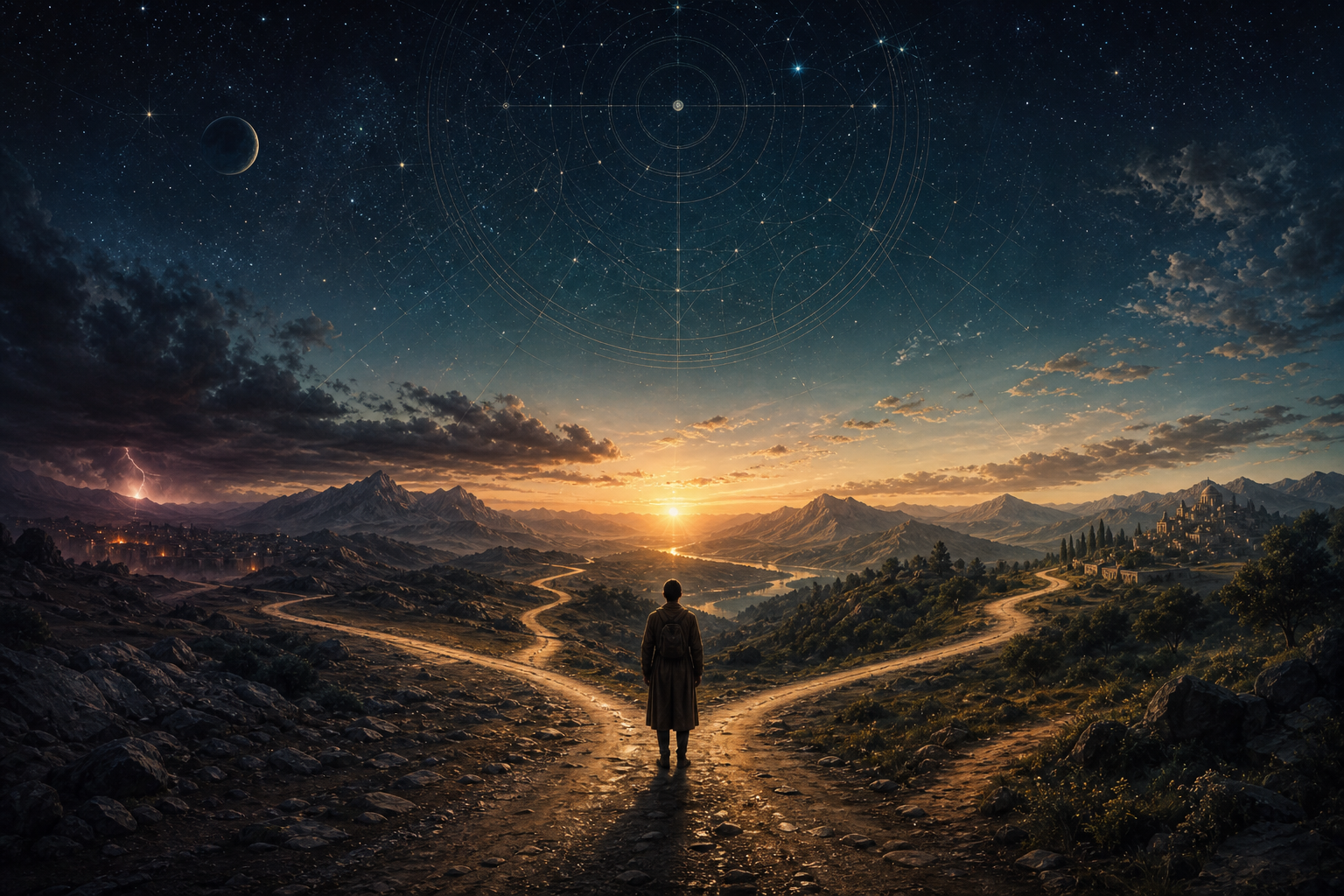 A traveler standing before several roads beneath an ordered night sky and a distant sunrise