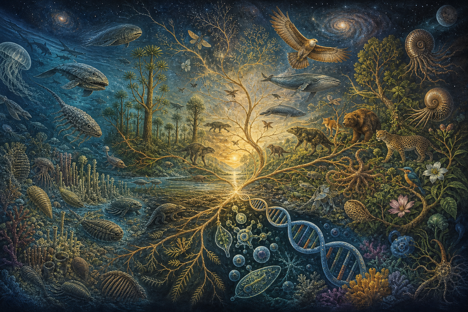A branching panorama of ancient marine life, plants, animals, fossils, cells, and DNA beneath a starry cosmos