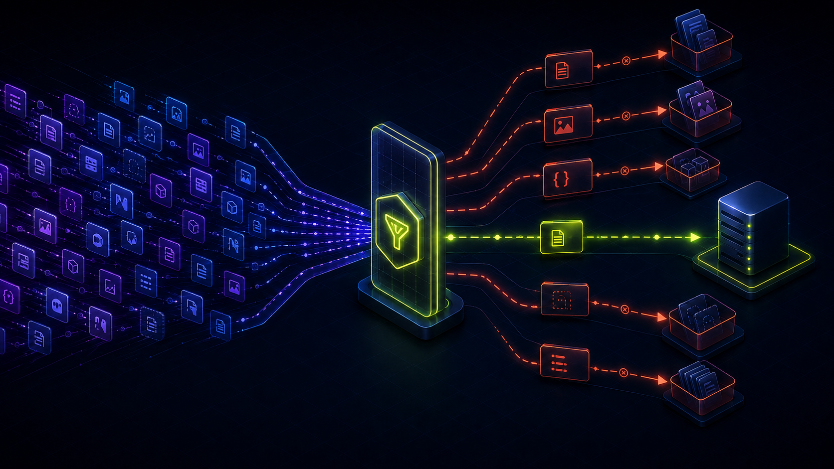 A programmable request gateway filtering static assets, API traffic, and prefetch requests while allowing selected page requests through