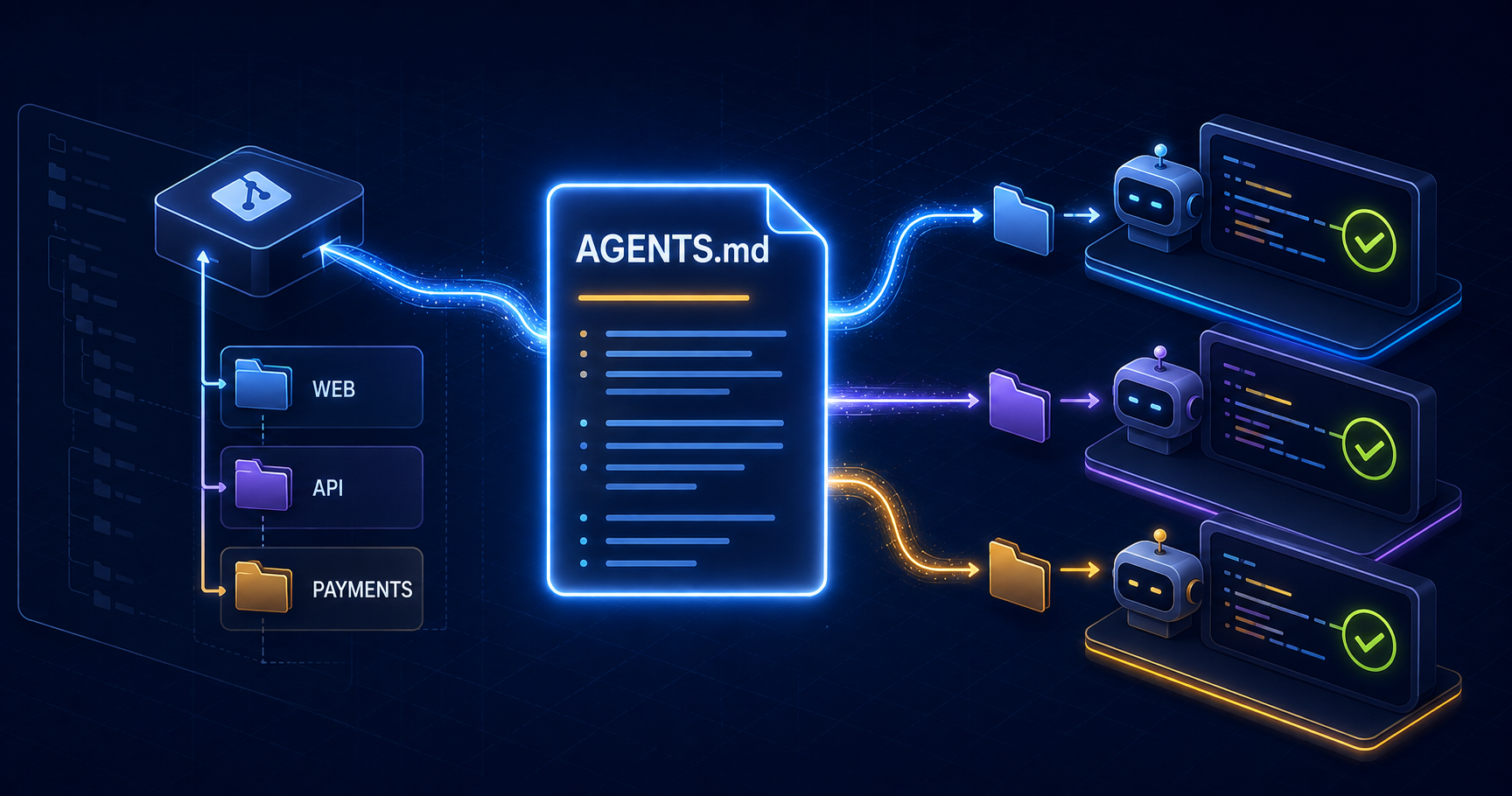 A central AGENTS.md document distributes scoped instructions to web, API, and payments packages and three AI coding agents