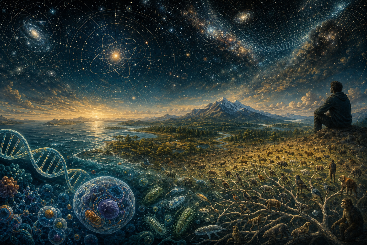 DNA, cells, and branching animal populations in the foreground, nested within an ordered biosphere and mathematically structured cosmos